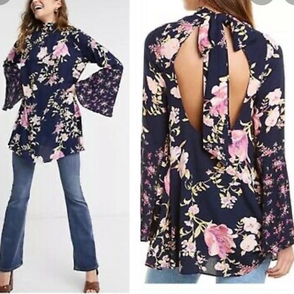 Free People Tops - Free People Long Sleeve Bell Sleeve Floral Mock Neck Tie Up Open Back Tunic NWT
